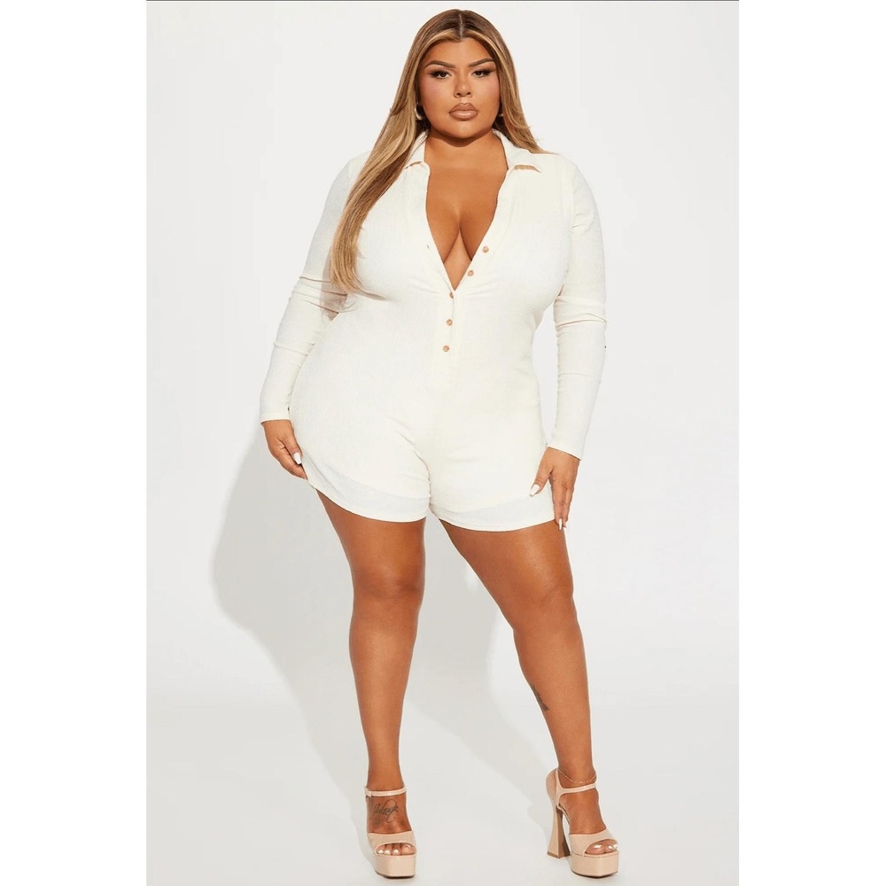 Womens Long Sleeve Ribbed Romper Off White Cream Collar Button‎ Up Casual